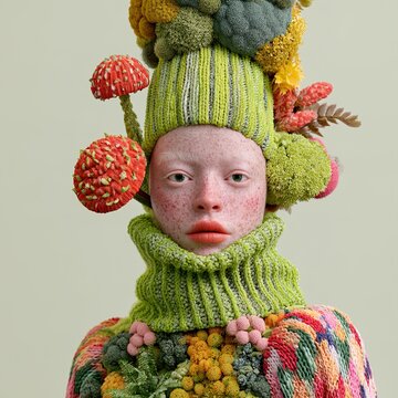 Albino woman wearing creative nature inspired knitwear