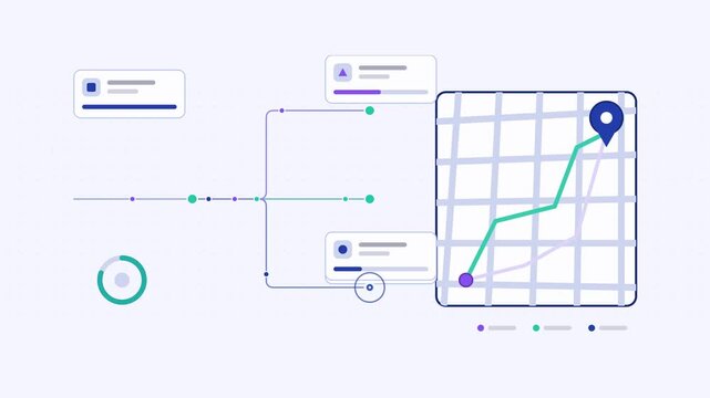 Seamless 4K looping animation showing a route optimization path option selection presented as a process flow. Flat vector icons, UI cards and animated connector lines move across a clean light backgro