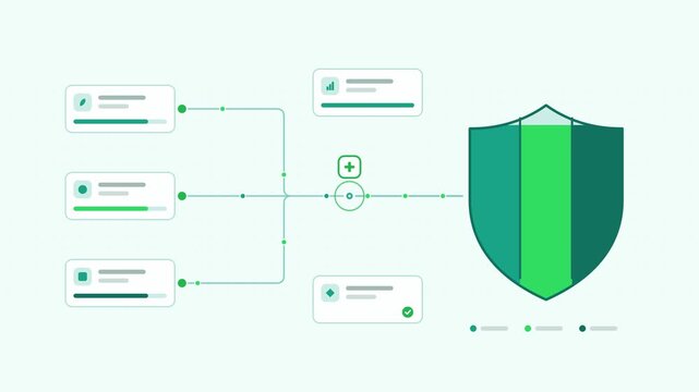 Seamless 4K looping animation showing a esg reporting metrics converging report presented as a converging flow. Flat vector icons, UI cards and animated connector lines move across a clean light backg