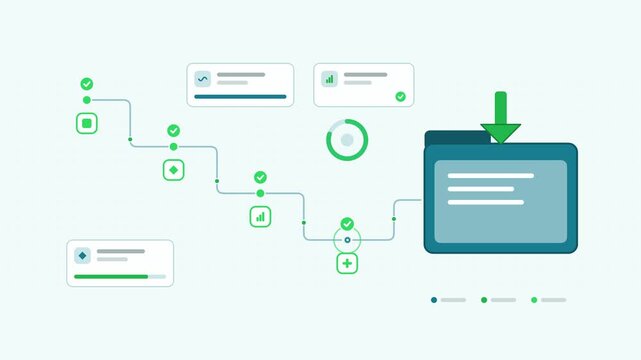 Animated emissions reporting disclosure visualised as a stage ladder in a modern flat vector style. Smooth looping 4K motion graphic with soft teal and turquoise colours, floating interface cards and 