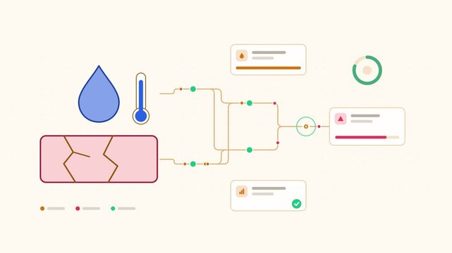 Animated drought early warning alert visualised as a process chain in a modern flat vector style. Smooth looping 4K motion graphic with soft blue and azure colours, floating interface cards and flowin
