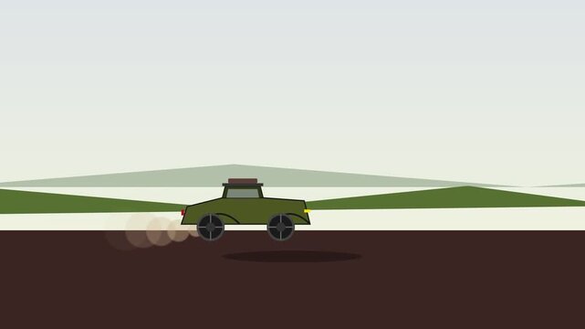 Minimalist 2D Flat Animation of Green Vintage Car Driving on Highway Loop