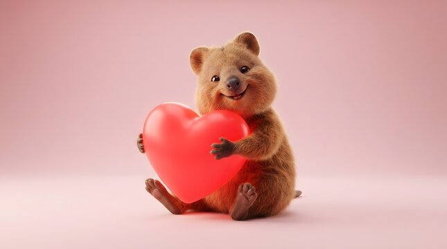 Adorable quokka holding a red heart on pink background
