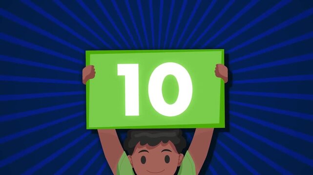 Cartoon boy character holding up a green sign displaying the number ten in animated video clip motion