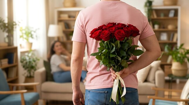 Man holding a bouquet of red roses behind his back for his girlfriend in a cozy home interior