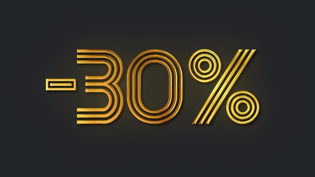 Golden 30 percent off discount sign with glowing art deco style animation, 4K loop with alpha channel, retail promotion, and clearance events