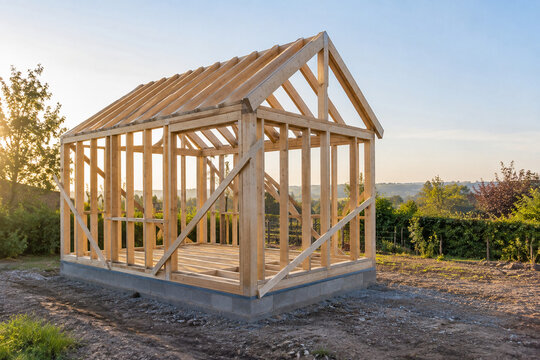 Timber building frame in warm morning light