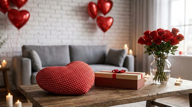 Romantic living room decorated for valentines day with roses gift and heart shaped pillow on coffee table