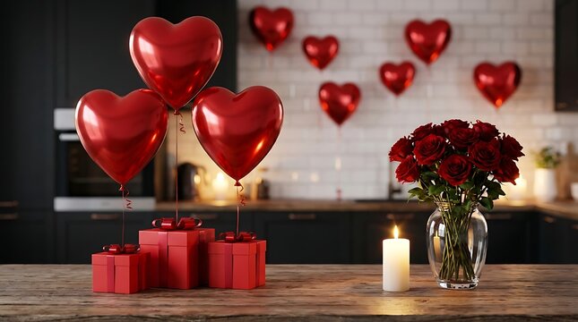 Romantic valentine day setting with red heart balloons gift boxes roses and candle on wooden table