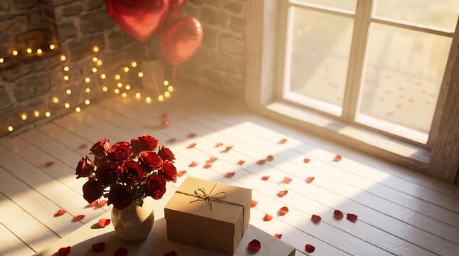 Romantic valentine day setting with red roses gift box and heart balloons on a sunny wooden floor