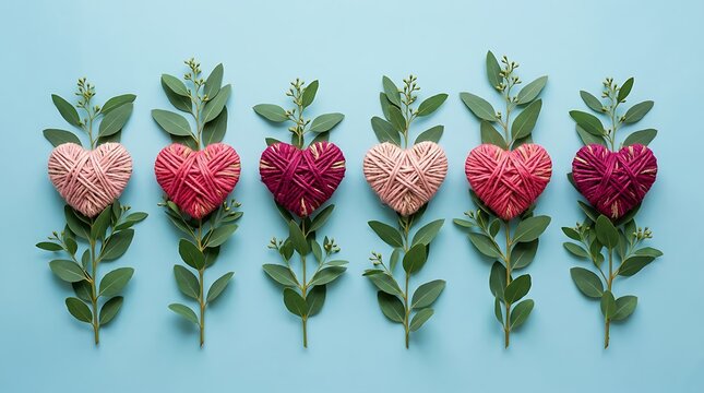 Row of six decorative yarn hearts arranged with green eucalyptus branches on a soft blue background
