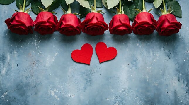 Row of beautiful fresh red roses with two heart shapes on a rustic textured blue background for valentines day