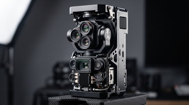 Advanced surveillance technology featuring multiple camera lenses and sophisticated internal components