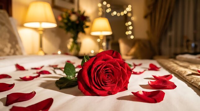 Single red rose on a hotel bed decorated with scattered petals for a romantic surprise