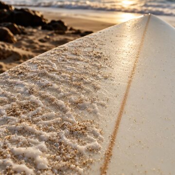 Fresh surf wax with sand grains on white surfboard deck closeup, beach sunset, surfing texture, nobody