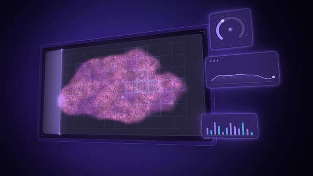 AI pathology slide scanning tissue sample in 3D on dark purple