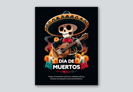 Editable Day of the Dead (Dia de los Muertos) Festival Social Media Post Template with Mexican Skeleton Guitarist