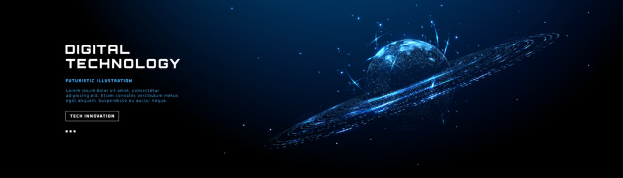 Digital Global with World map in futuristic tech glowing  blue on dark background. Network and Datum concept. Radial data flow on horizontal banner with copy space. Vector illustration