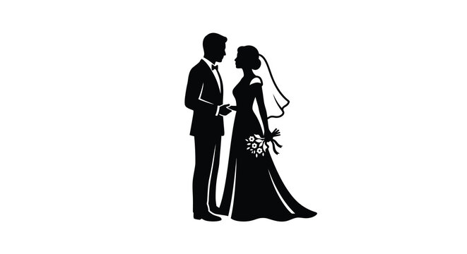 Silhouette of a bride and groom facing each other black on white background