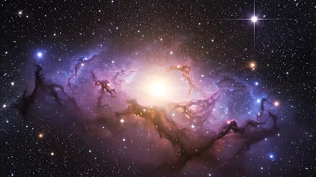 Glowing cosmic nebula with brilliant central star in deep space void
