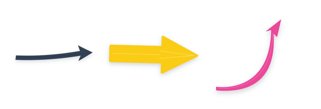 Minimalist colorful arrow set for business growth, three directional pointers in yellow pink and black, infographic navigation icons on white background