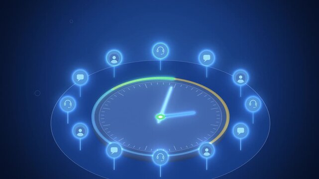 Isometric 24/7 clock with support agent pins around a blue dial
