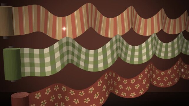 Striped gingham and floral fabric waves in terracotta and olive