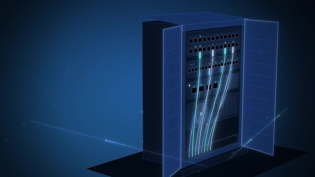 Angled blue cabinet with open doors and glowing cables seamless loop