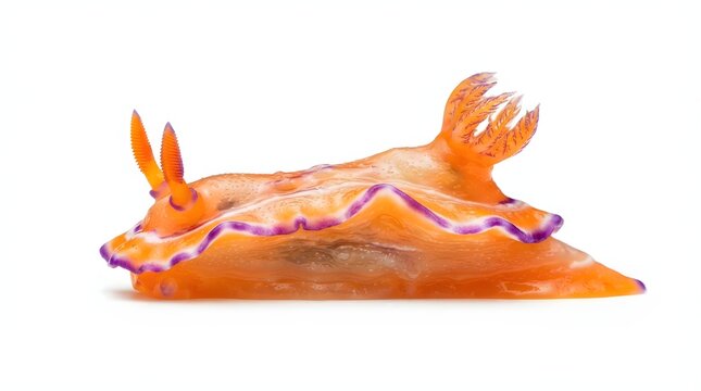Vibrant orange sea slug with purple accents on white background
