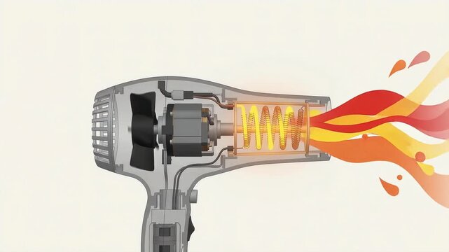 Hair dryer internal mechanism cutaway vector illustration showing electric motor, fan blade, heating element, and hot air flow stream diagram