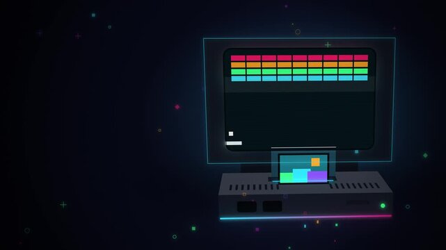 Neon retro CRT TV with rainbow color bars and console seamless loop