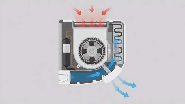Vector illustration showing the internal working mechanism of an air conditioner unit with hot air intake and cool air flow schematic