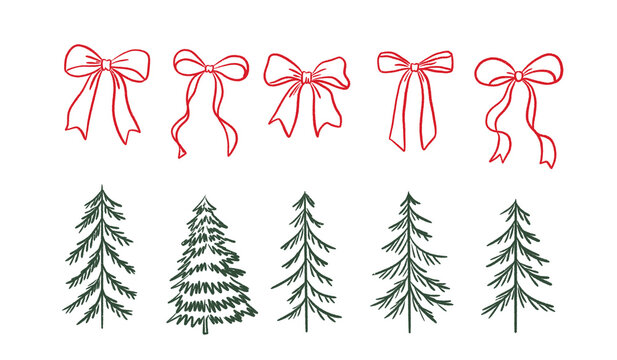Hand drawn christmas element set with red ribbons bows and pine trees line art illustration isolated on transparent background