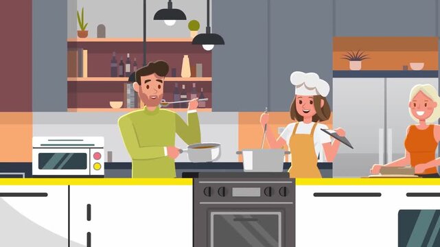 Smiling people cooking delicious food together in modern kitchen interior featuring colorful animated digital illustration stock video footage clip