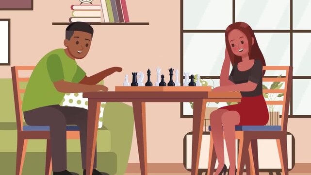 Young man and woman playing chess game together inside cozy living room cartoon animation video clip