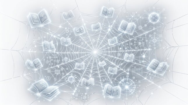  Spiderweb connecting abstract books and digital information nodes &mdash; pure white background
