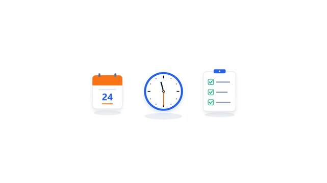 Clean motion graphics featuring a blue analog clock an orange calendar and a task list on a white background. These productivity icons move in a smooth loop. Ideal for business apps.