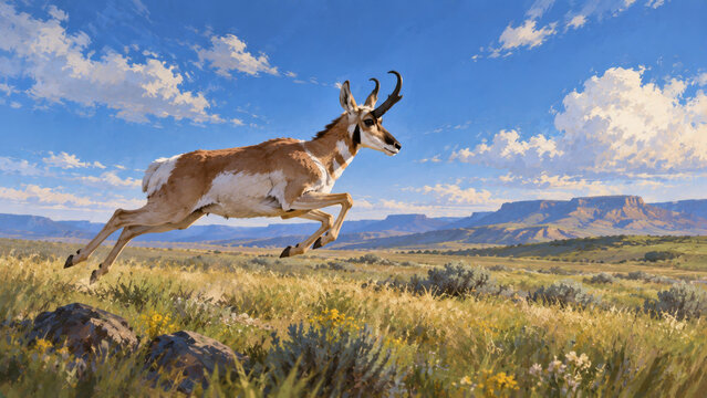 Pronghorn bounding through grassland beneath a bright blue sky, painterly wildlife illustration exploring prairie freedom, speed, surefooted movement, grassland biodiversity and habitat conservation
