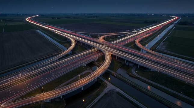 Nighttime view of a complicated highway interchange with blurred streaks of vehicle headlights and taillights