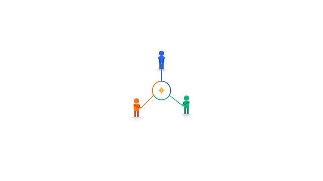 Animated vector icons of people in various colors merging into a central network on a plain white background. Ideal for business collaboration and team networking presentations.
