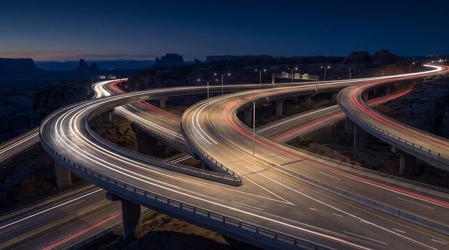 Long exposure of a winding highway at dusk with blurred vehicle lights