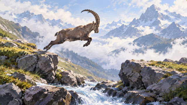 Alpine ibex leaping across a mountain stream amid rugged peaks and summer grass, wildlife illustration expressing agility, freedom, surefooted resilience, alpine biodiversity and habitat conservation