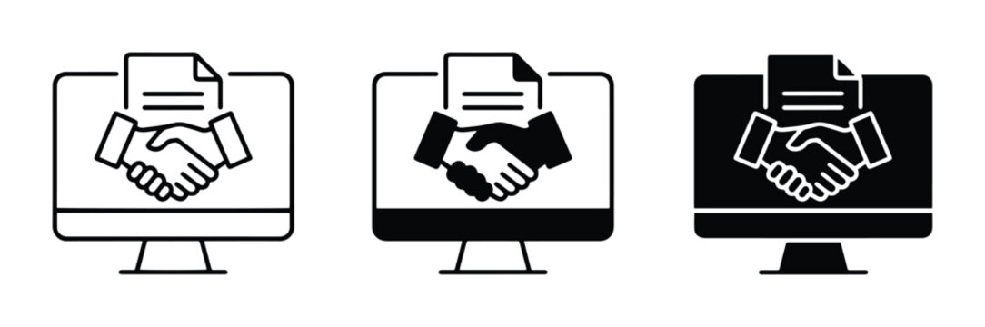 Online handshake on computer screen for remote contract logo