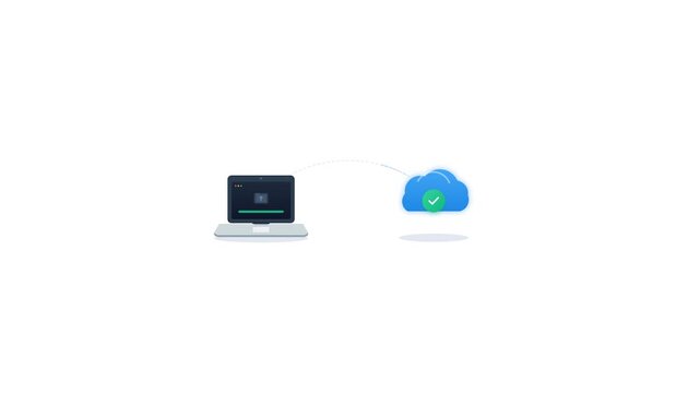 Flat vector animation featuring a laptop connecting to a blue cloud. Data icons move between devices representing sync and backup. Clean white background. Ideal for tech explainer videos.