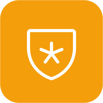 White asterisk inside shield on rounded orange square Keywords: asterisk, star, shield, outline