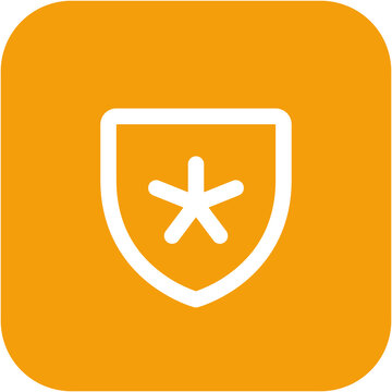 White asterisk inside shield on rounded orange square Keywords: asterisk, star, shield, outline