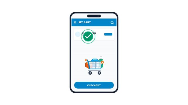 Clean flat vector animation showing an e-commerce mobile app interface with a shopping cart and successful checkout process on a white background. Ideal for e-learning or marketing videos.