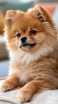 Fluffy orange Pomeranian puppy with a shy sideways glance in a pastel living room