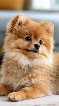 Fluffy orange Pomeranian puppy with a shy sideways glance in a pastel living room