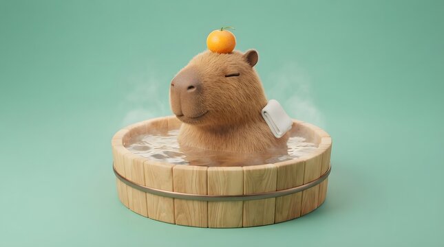 Capybara relaxing in hot tub with citrus fruit on head